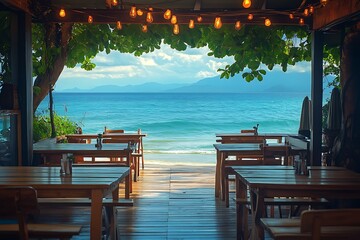 View from inside the restaurant on a tropical beach with the sea and mountains