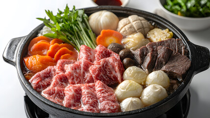 Panoramic View of a Traditional Sukiyaki Dish with Fresh Ingredients and Juicy Meat Cuts