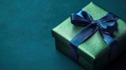 Green gift box tied with shimmering blue ribbon, lying on coordinating green surface, highlighting festive and sophisticated holiday or celebration packaging design