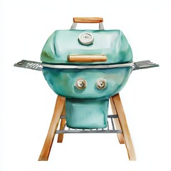 Teal Watercolor Barbecue Grill on Wooden Legs