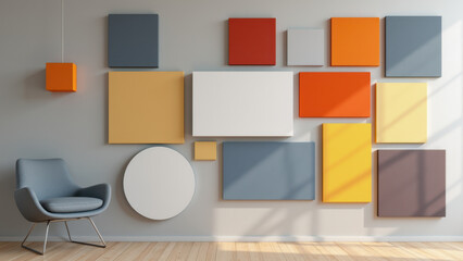 Modern living room wall with colorful acoustic panels and a circular mirror reflecting light.
