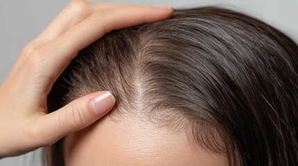 A woman's hand delicately cradles her hair near the roots, focusing on the softness and texture. The setting is serene, highlighting natural beauty and care