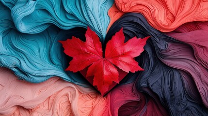 Obraz premium A red maple leaf sits atop a colorful wave of liquid flowing in a heart shape