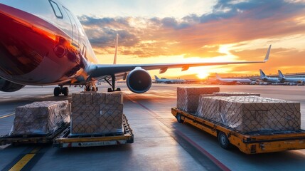 Air Cargo Transportation at Sunset with Airplane and Pallets