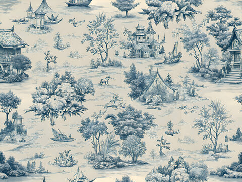 A blue and white toile pattern with houses. trees. and boats.