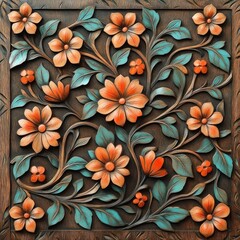 Fototapeta premium Intricate floral wood carving, orange flowers, teal leaves, square frame.