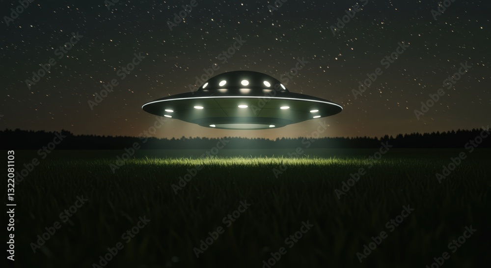 Wall mural unidentified flying object hovering over field at night. extraterrestrial spacecraft hovering with b