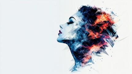   A woman's face is depicted with red and black lines emerging from her head