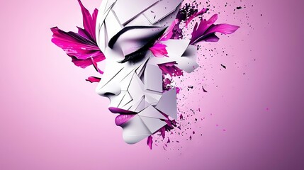  A woman's face in pink and white paint splatters on a pink background