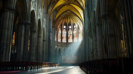 Fototapeta premium Sunbeams Illuminate Stained Glass Windows in Grand Cathedral Interior with Stone Columns