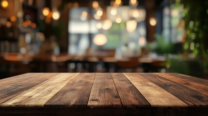Wooden tabletop surface offering pristine product placement area, backed by softly blurred cafe interior, presenting clean staging environment for design mockups