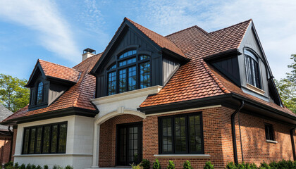 This brick house features a striking corner roof design complemented by large windows, a blend of traditional and contemporary styles, set against a clear blue sky and vibrant greenery