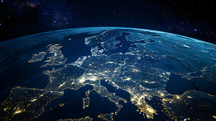 Obraz premium Illuminated Europe At Night From Space Showing City Lights And Starry Background