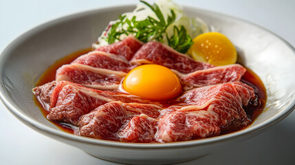 Fototapeta premium Gourmet Fine Dining Dish with Kobe Beef and Egg Yolks in Elegant Presentation