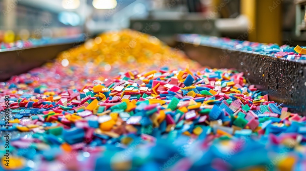 Poster brightly colored chunks of material are scattered across a conveyor belt in a busy production facili