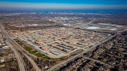 Fototapeta premium Aerial View of Residential Area with City Skyline in Background