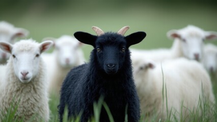 Obraz premium One black sheep in a herd of white sheep. Sheeps in a meadow on green grass at daylight. Portrait of cute curly hair sheep. Flock of sheep close together grazing in a hill.