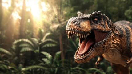 Obraz premium Ferocious tyrannosaurus rex roaring, revealing razor sharp teeth and tongue, standing amid dense prehistoric jungle bathed in golden sunlight