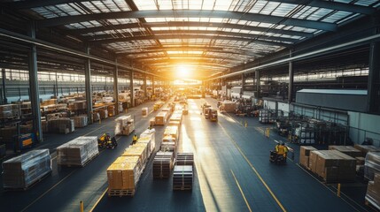 Aerial View of Warehouse with Pallets and Forklifts at Sunset