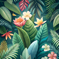 Vibrant Tropical Leaves and Flowers Create a Lush Pattern.