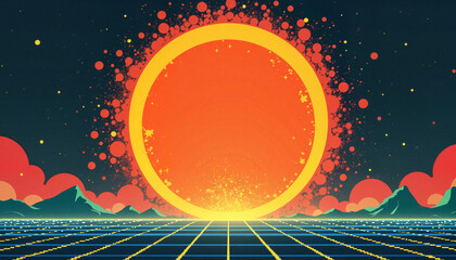 Stylized glowing sun setting over grid landscape, retro futurism