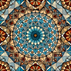 A kaleidoscope of blue. brown. and white geometric patterns.
