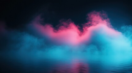 Fototapeta premium Blue and pink fog over dark water creates a surreal landscape