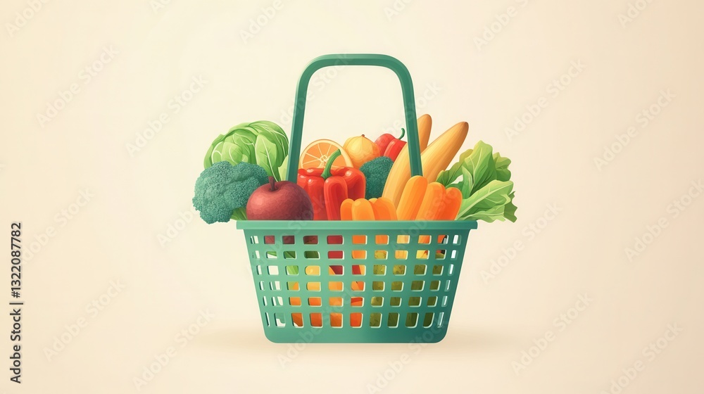 Aufkleber fresh fruits and vegetables in a green shopping basket on a soft pastel background with a minimalist