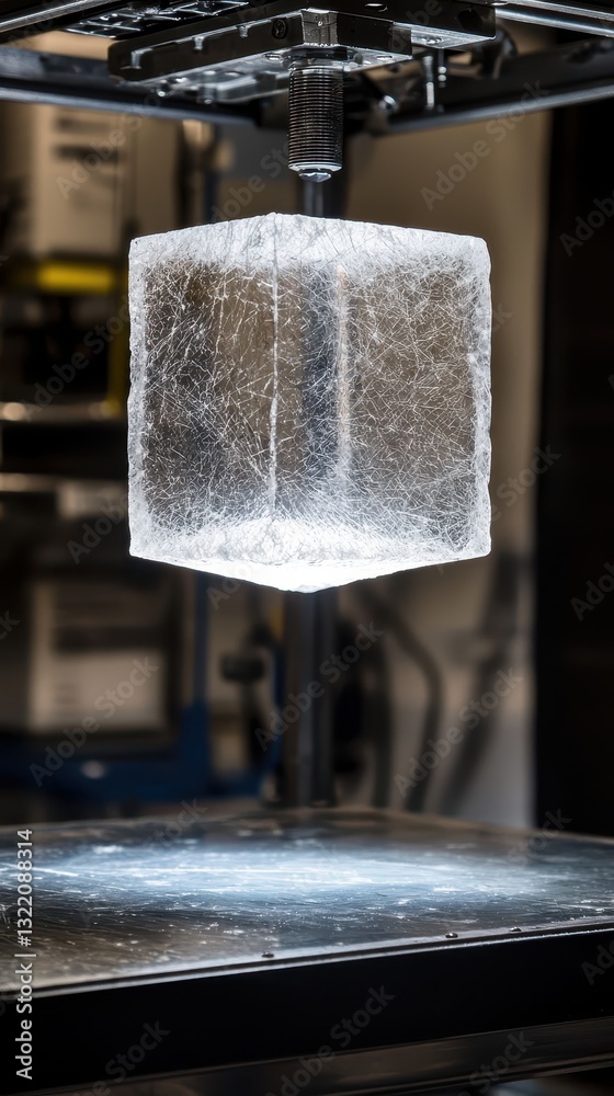 Poster 3d printing process displaying transparent cube with faint texture
