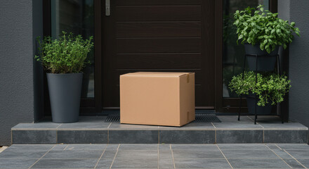 Package Delivery! Secure Brown Box Left on Porch with Plants & Stylish Door. Safe Arrival, Home Delivery, and Elegant Curb Appeal