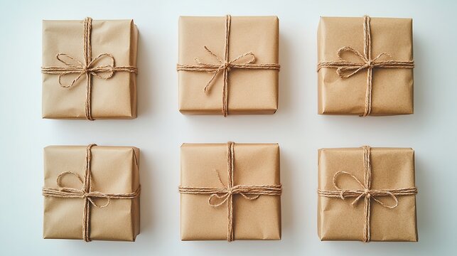 Six brown paper packages tied with twine arranged on a neutral surface