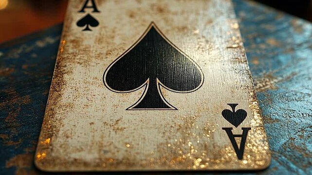 Close-up of an Ace of Spades playing card on a rustic wooden table