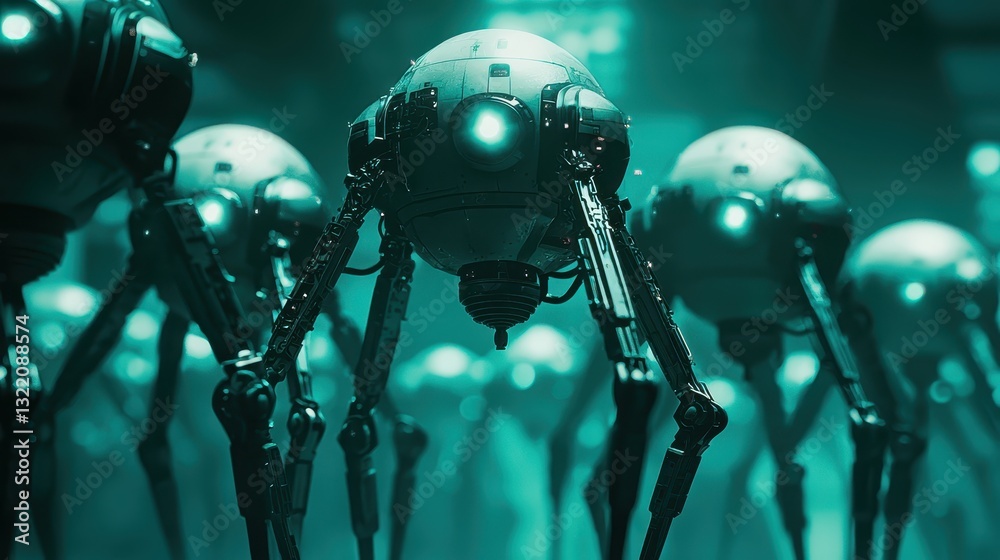 Poster futuristic robots in dark environment with glowing features