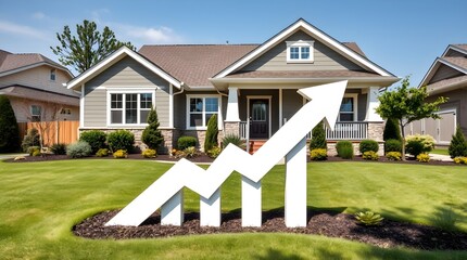 a house with a rising arrow bar chart, concept of house price rising	