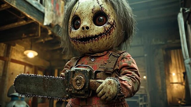 Creepy doll with chainsaw in a dimly lit, abandoned room setting