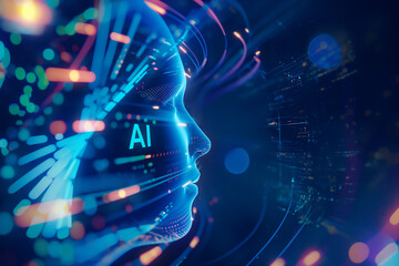 Obraz premium A digital representation of a futuristic artificial intelligence head with glowing blue circuits and data streams, symbolizing advanced technology, deep learning, and AI development.