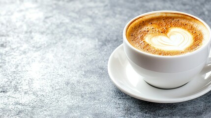 Fototapeta premium A cappuccino in a white cup on a saucer, served on a gray surface The coffee has a heart-shaped design on its foam