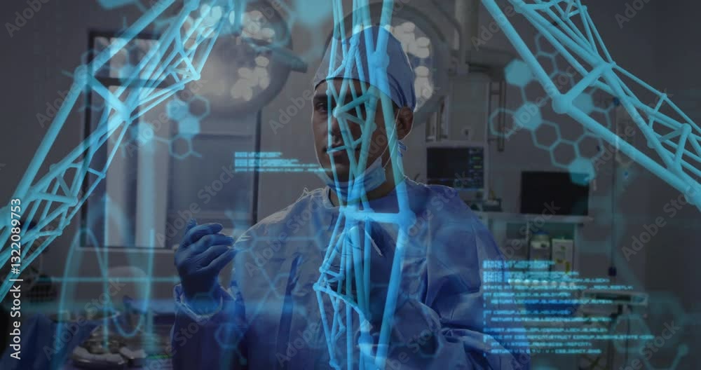 Poster surgeon in operating room with dna and data processing animation overlay
