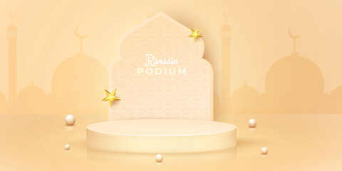 Ramadan kareem mubarack holiday product showcase design vector. Eid Al Adha product mockup design template. 3D cylinder light brown color podium design art with mosque. Islamic background vector. 