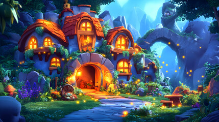 Obraz premium Magical forest house, night scene, game background