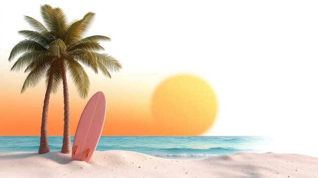 Pink surfboard leaning against palm trees on a beach at sunset.