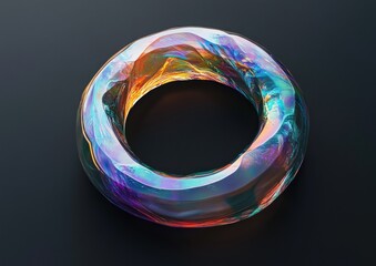 Iridescent, abstract torus shape on dark background.