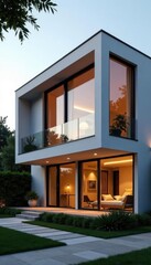 Sleek modular home, geometric facade, large windows, clean, shadow, modular