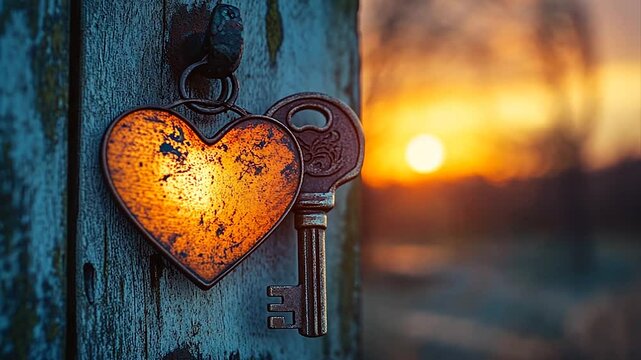 Heart-shaped lock with key at sunset, symbolizing love and security