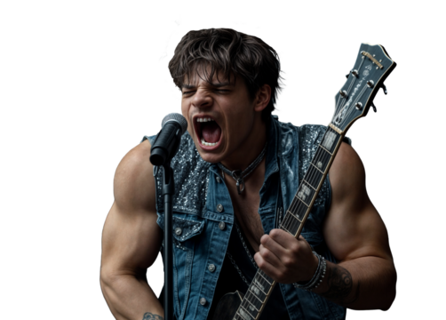 Muscular man in denim vest sings with intense expression holding guitar in rock star pose with dramatic lighting.