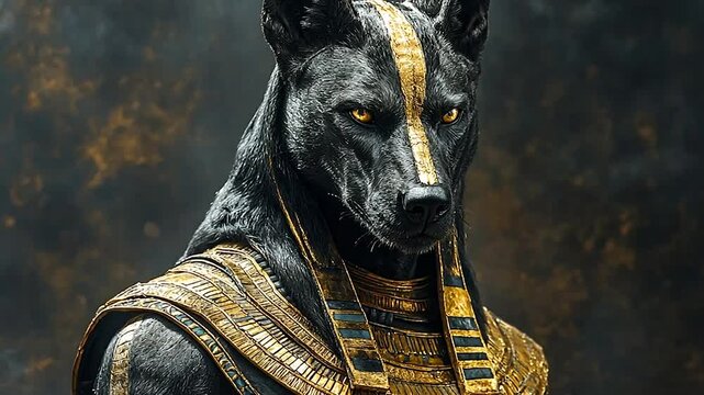 Majestic Anubis statue adorned in golden jewelry against a dark backdrop