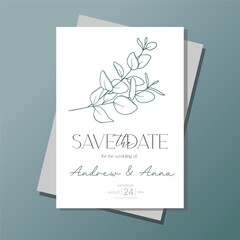 Line Art Eucalyptus. Eucayptus Wedding Invitation template, Outline Eucalyptus Minimalist Wedding Design, Greenery Wedding invite template
