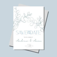 Line Art Eucalyptus. Eucayptus Wedding Invitation template, Outline Eucalyptus Minimalist Wedding Design, Greenery Wedding invite template
