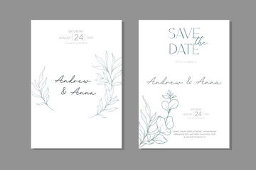 Line Art Eucalyptus. Eucayptus Wedding Invitation template, Outline Eucalyptus Minimalist Wedding Design, Greenery Wedding invite template