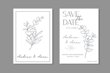 Line Art Eucalyptus. Eucayptus Wedding Invitation template, Outline Eucalyptus Minimalist Wedding Design, Greenery Wedding invite template